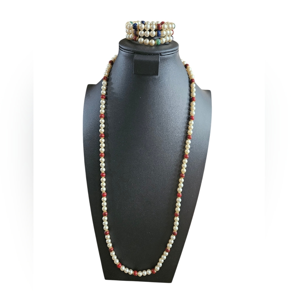 Pearl and Red Bead Long Necklace with Matching Bracelet Set 34"